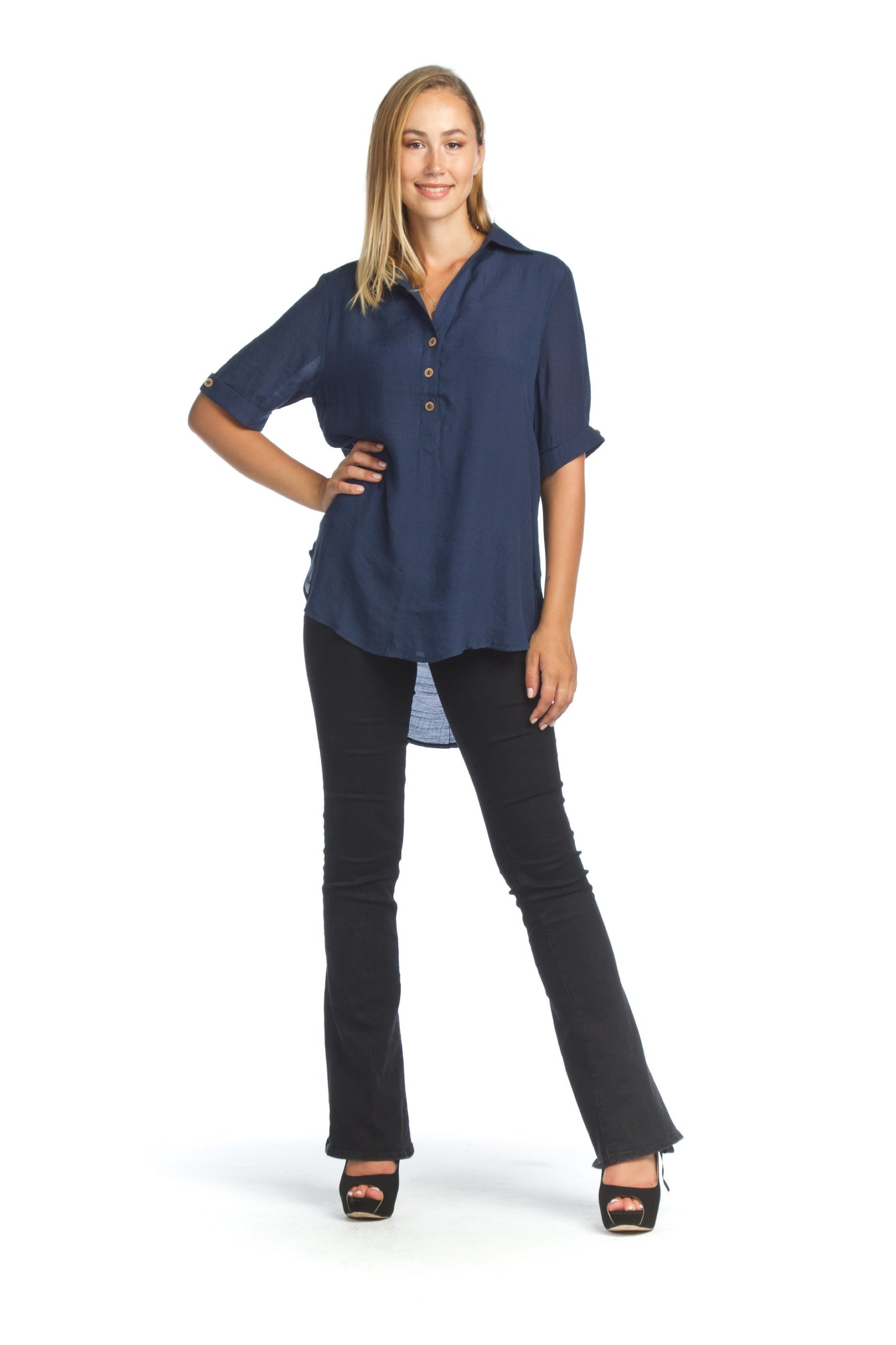 PT07088 NAVY Short Sleeve Collared Blouse