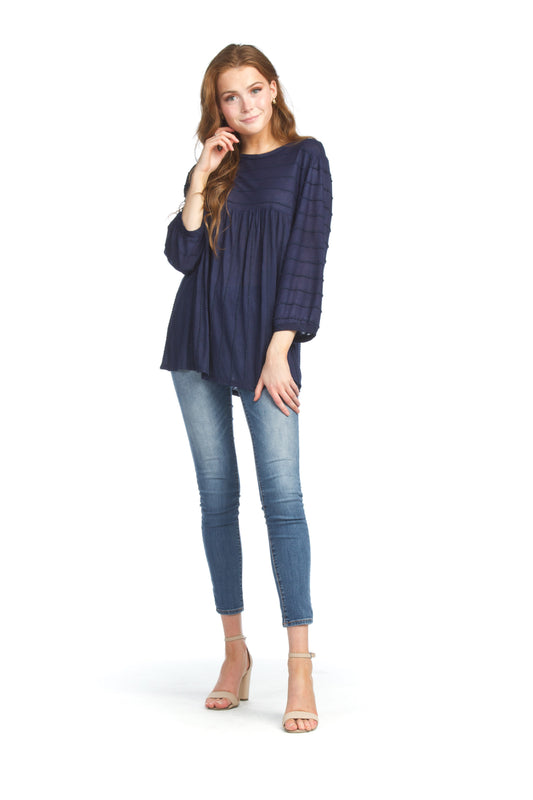 PT07109 NAVY Textured 3/4 Sleeve Blouse