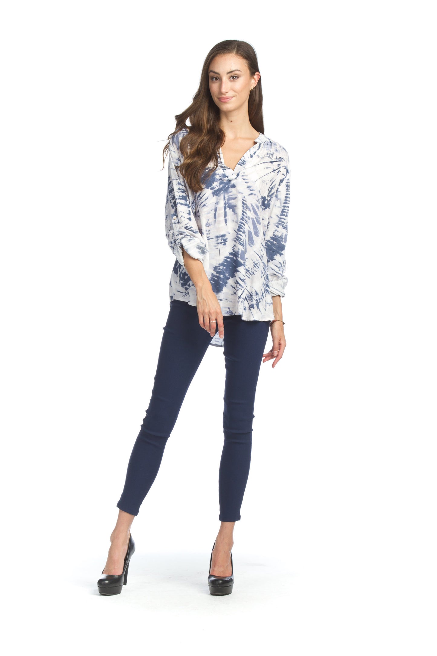 PT07123 BLUE Tie dye Tab sleeve Blouse