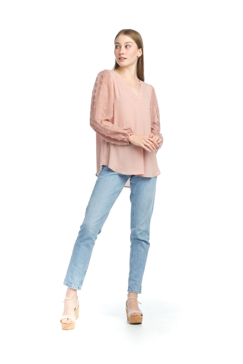 PT12009 BLUSH Pleat Blouse with Tufted Sleeves