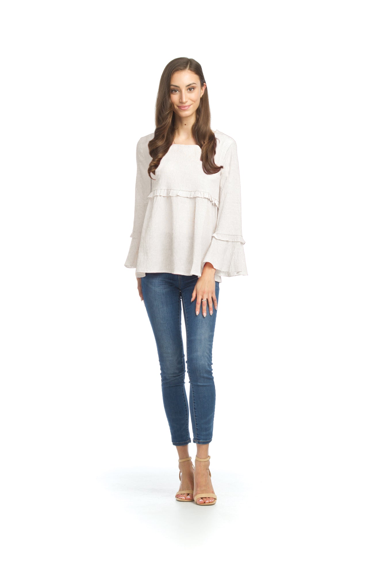 PT12057 WHITE Crinkle Stretch Blouse with Bell Sleeves