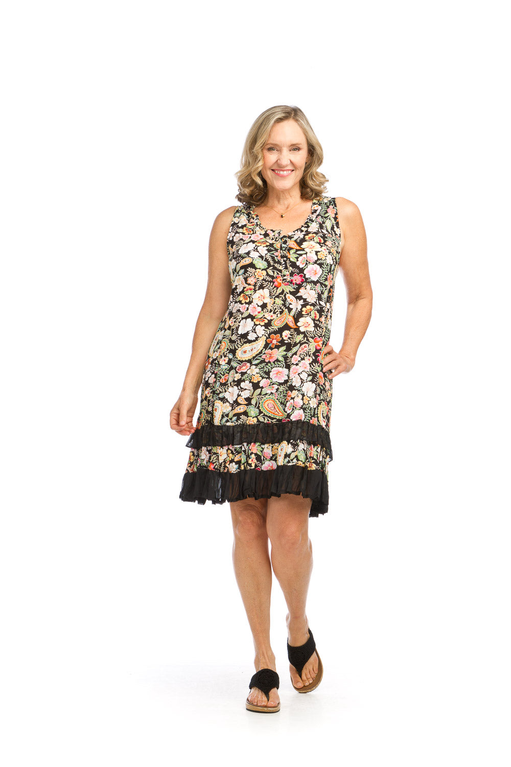 PD14623 BLACK Floral Print Ruffle Hem Dress