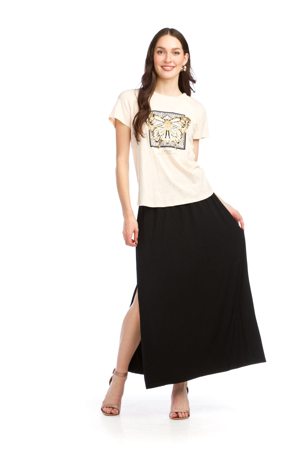 PT16072 BEIGE Butterfly Printed Cotton High Low T Shirt