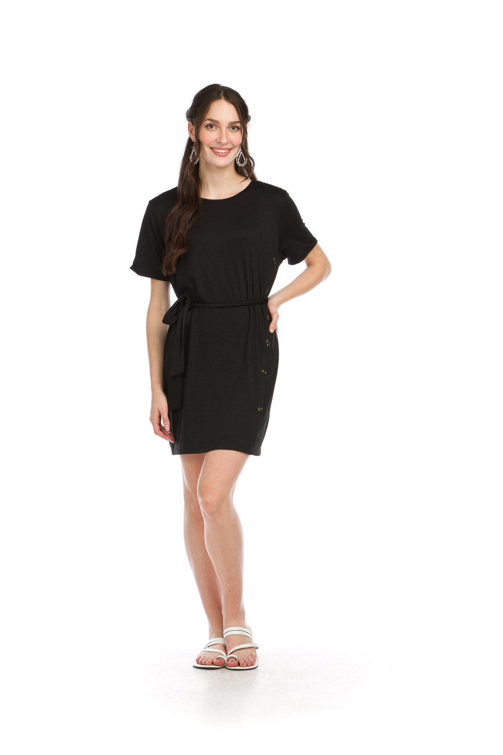 PD16617 BLACK T Shirt Style Dress with Button Detail