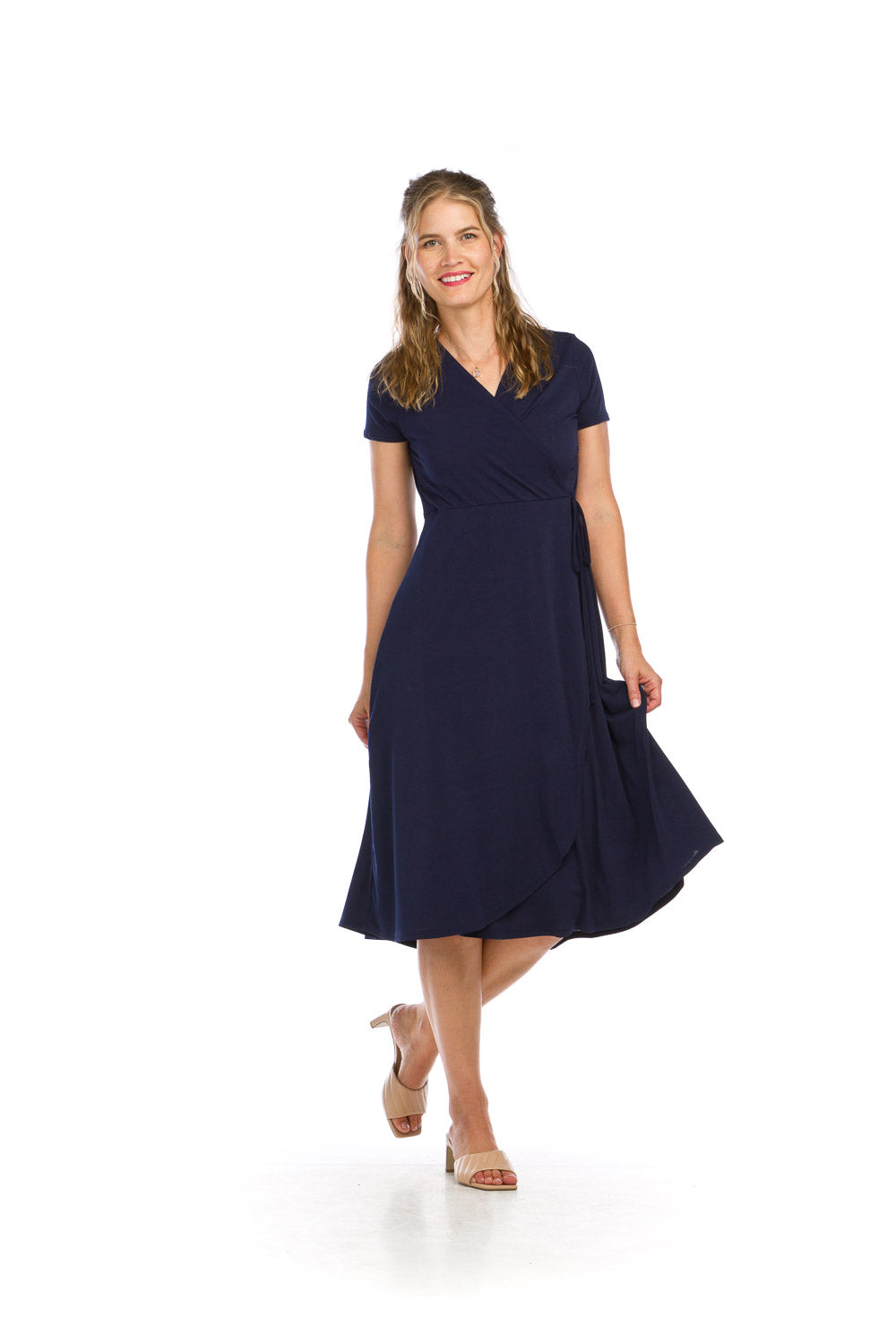 PD16695 NAVY Crepe Stretch Wrap Look Dress