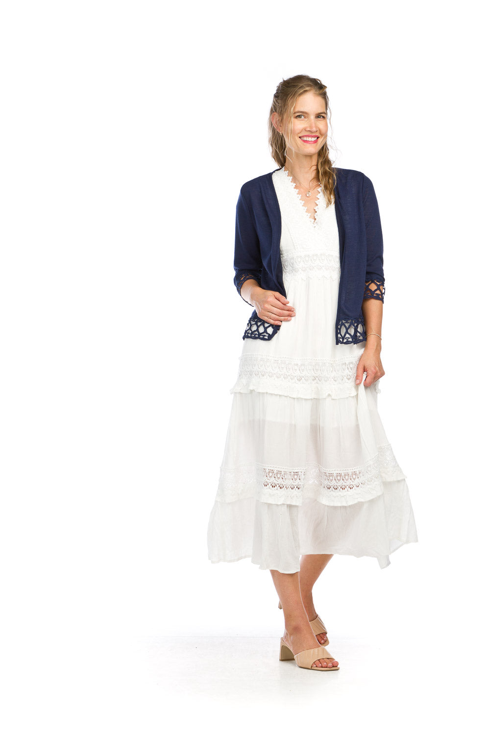 PD16644 WHITE Cotton Crinkle Lace Detail Dress