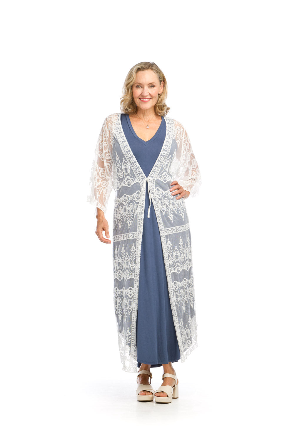 PT16032 WHITE Embroidered Floral Duster with Tie