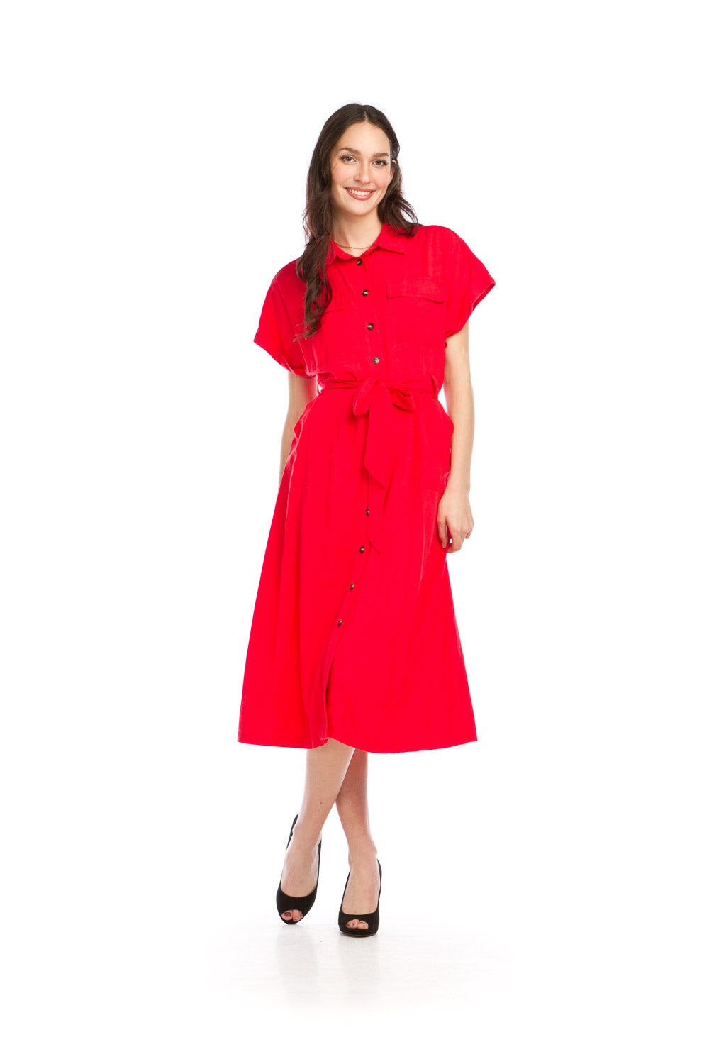 PD16632 RED Utility Style Linen Blend Shirt Dress