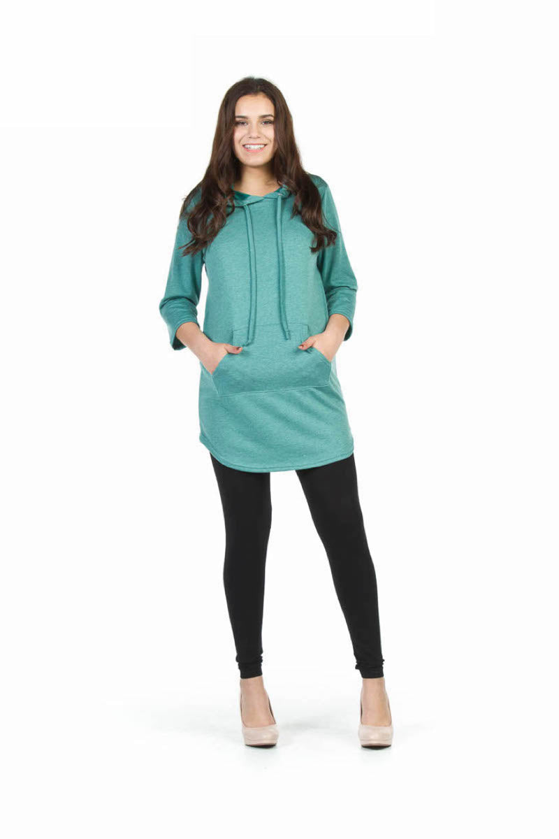 SD02409 GREEN 3/4 Sleeve Hoody Dress with Kangaroo Pockets
