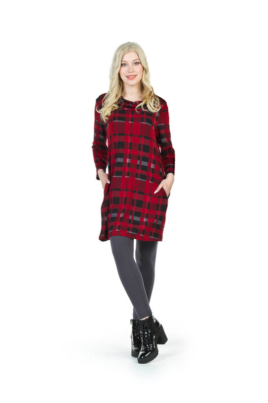 SD02425 RED 3/4 Sleeve Plaid Cowl Neck Dress