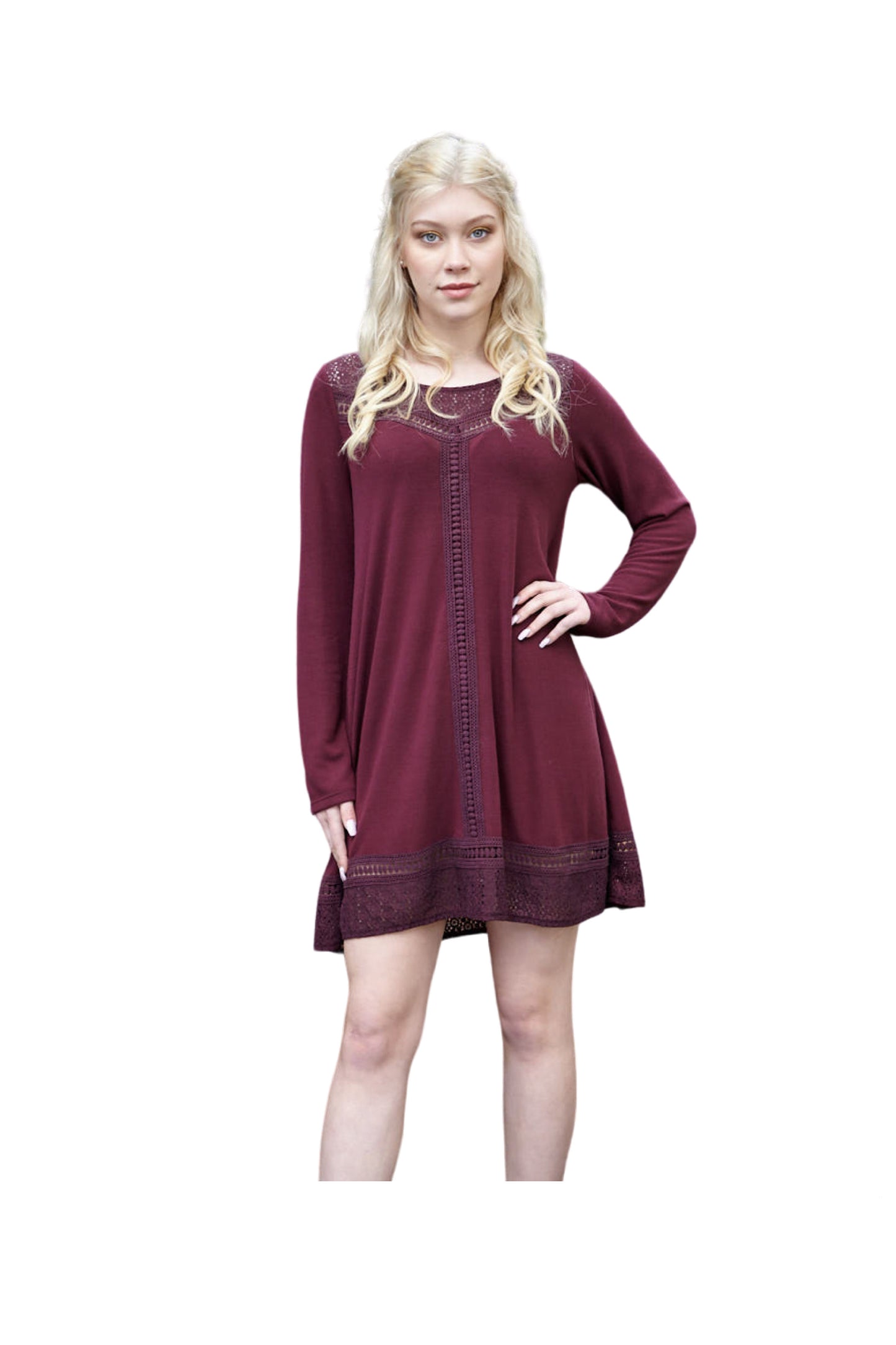 SD02456 WINE Lace Inset ALline Sweater Dress