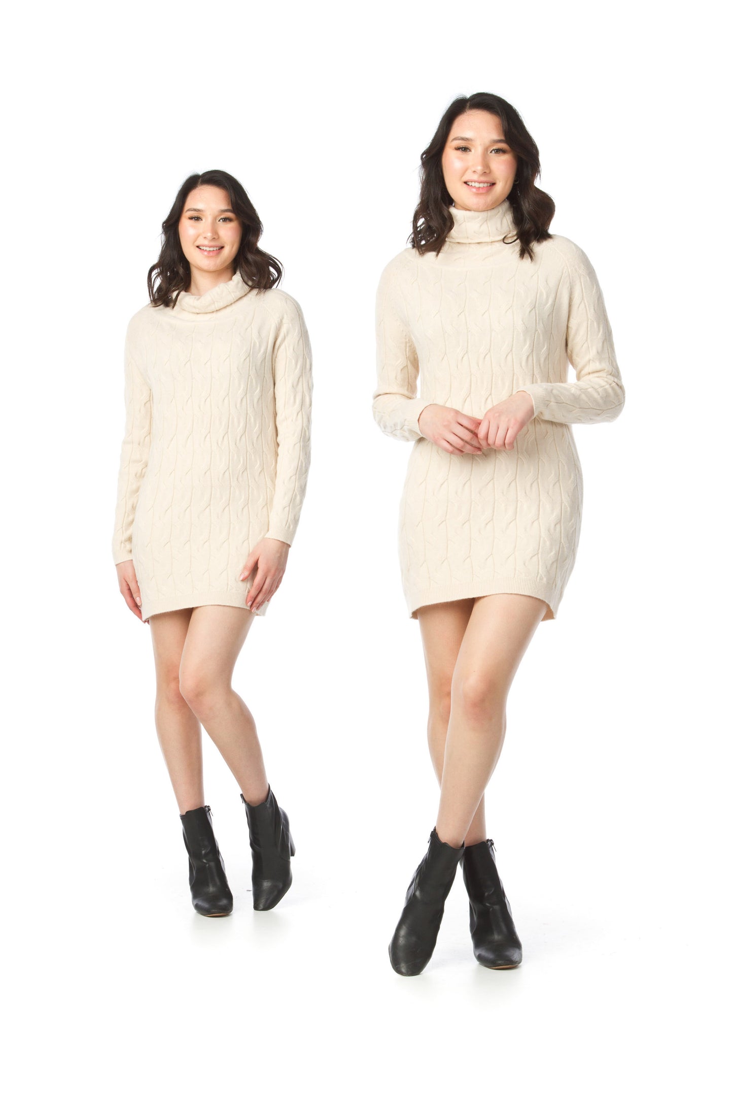 SD06415 CREAM Cable Knit Cowl Neck Knit Sweater Dress