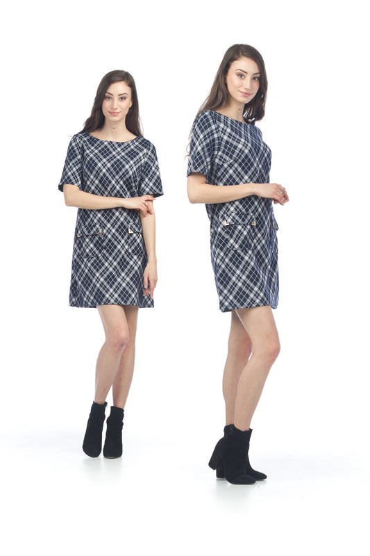 SD06443 NAVY Plaid Short Sleeve Sweater Dress with Pockets