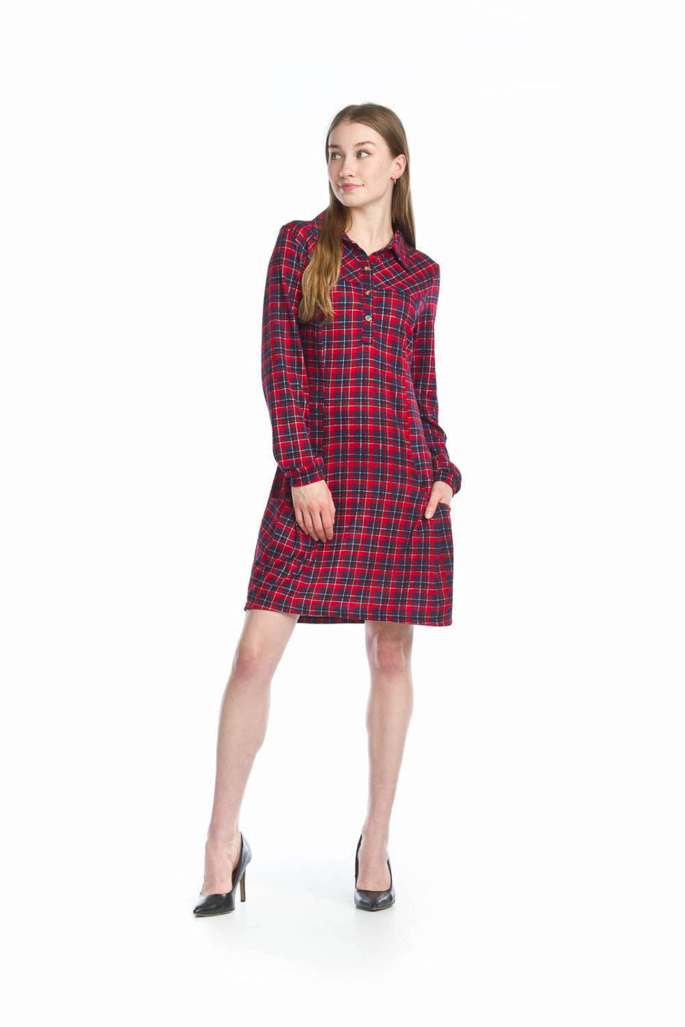SD13415 RED Plaid Henley Sweater Dress with Pockets