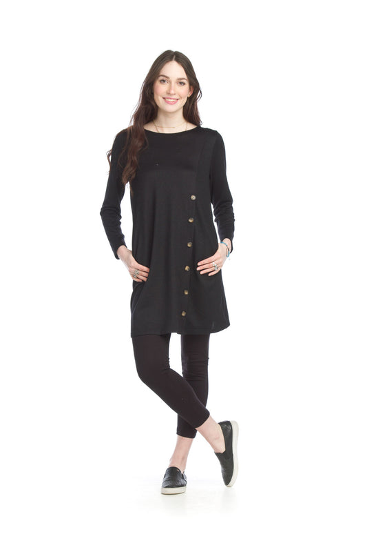 SD15406 BLACK Button Front Brushed Sweater Dress