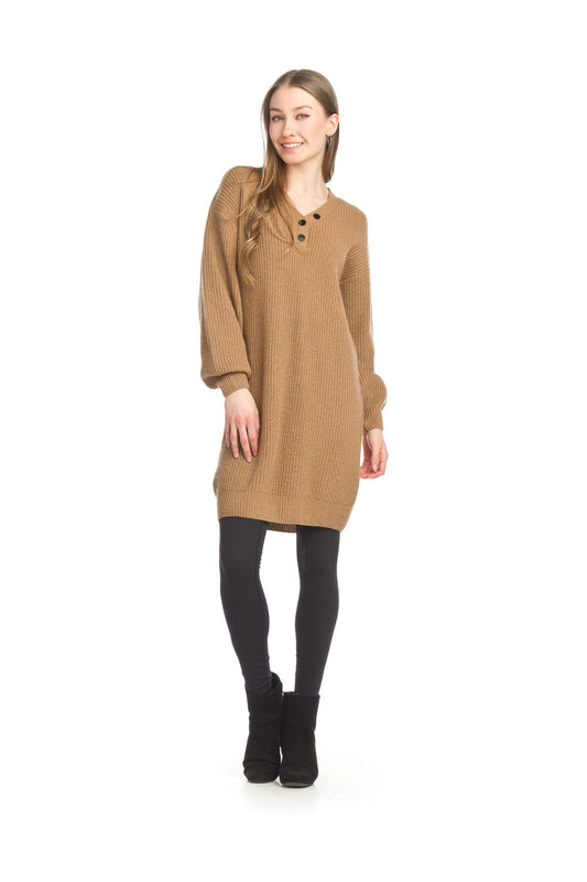 SD15408 TAUPE Knit Henley Sweater Dress