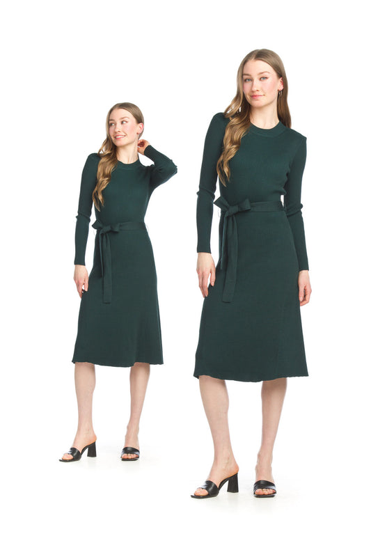SD15416 GREEN Ribbed Flare Sweater Dress