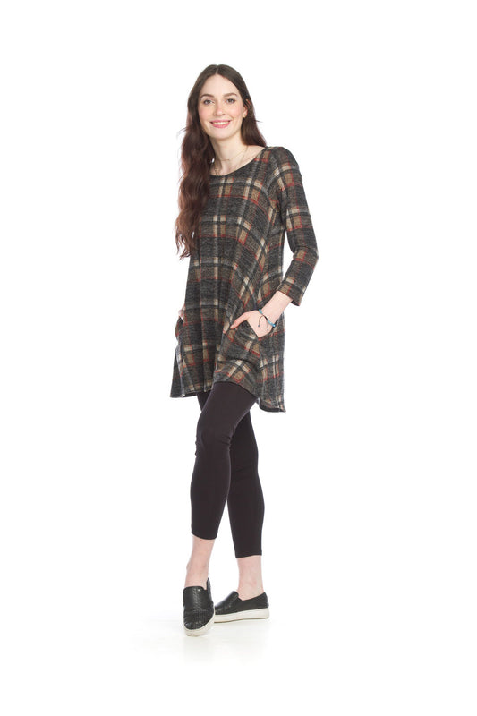 SD15418 GREY Brushed Plaid Aline Sweater Dress with Pockets