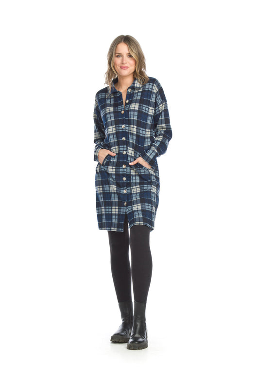 SD15420 BLUE Plaid Button Front Sweater Dress with Pockets
