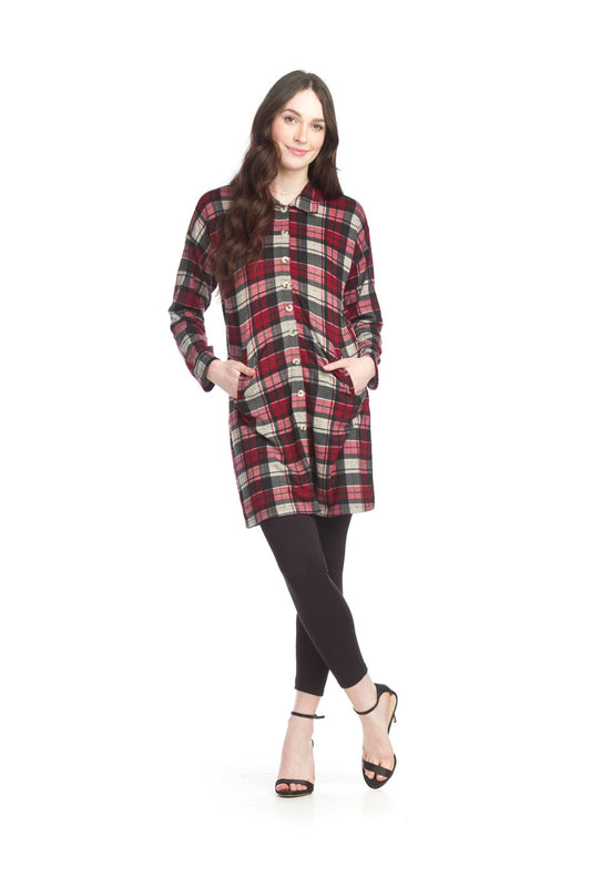 SD15420 BURGN Plaid Button Front Sweater Dress with Pockets