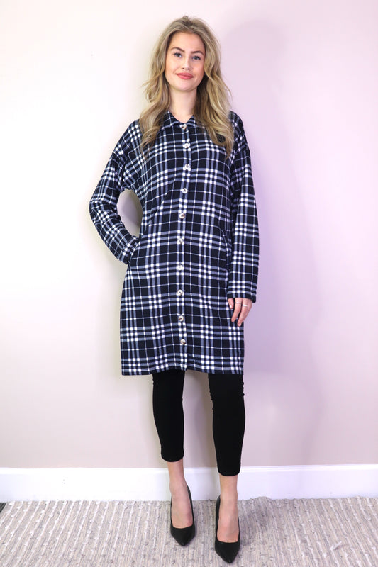 SD17419 BLUE Plaid Collared Sweater Dress with Pockets