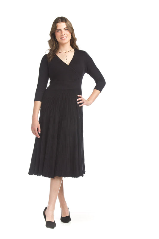 SD17401 BLACK Fan Rib Knit Fit and Flare Dress with Wrap Look