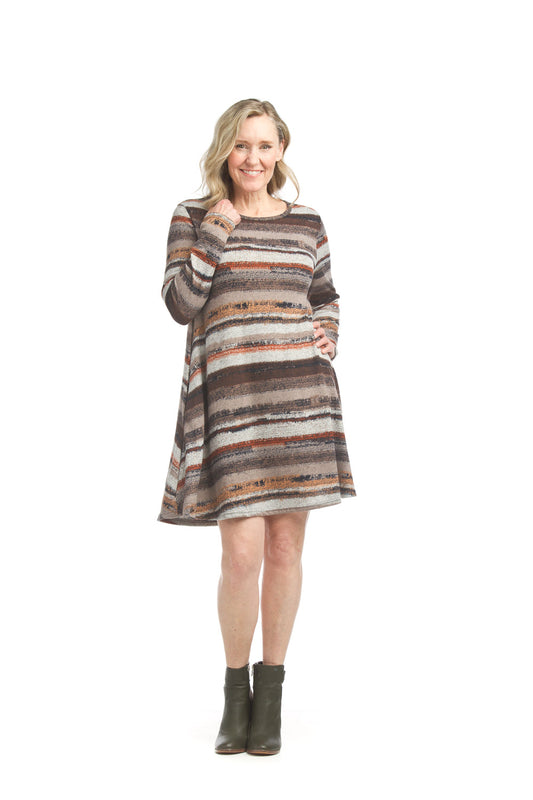 SD17403 BROWN Multi Color Stripe A-Line Sweater Dress