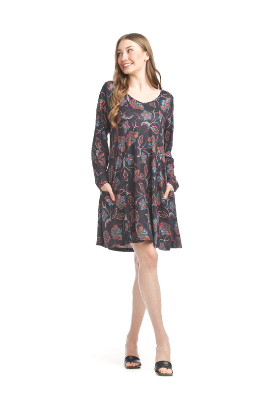 SD17406 BLACK Floral all over v neck sweater dress