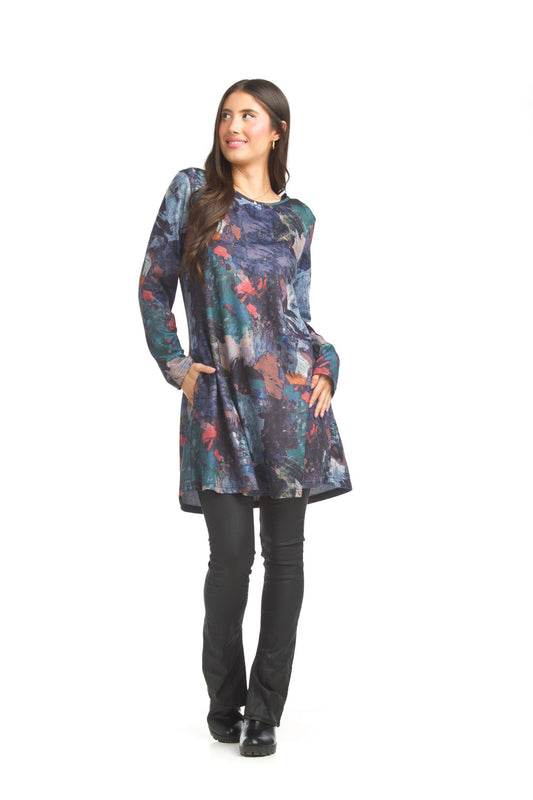 SD17417 BLUE Watercolor A-Line Sweater Dress with Pockets