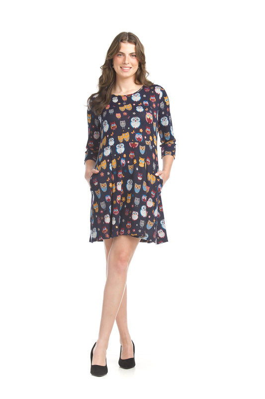 SD17418 NAVY Owl Print Skater Sweater Dress with Pockets