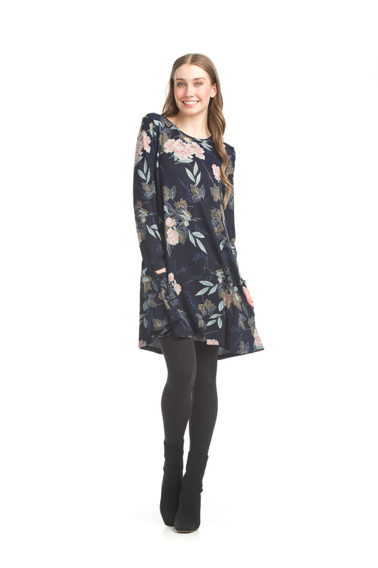 SD17421 NAVY Floral A-Line Sweater Dress with Pockets