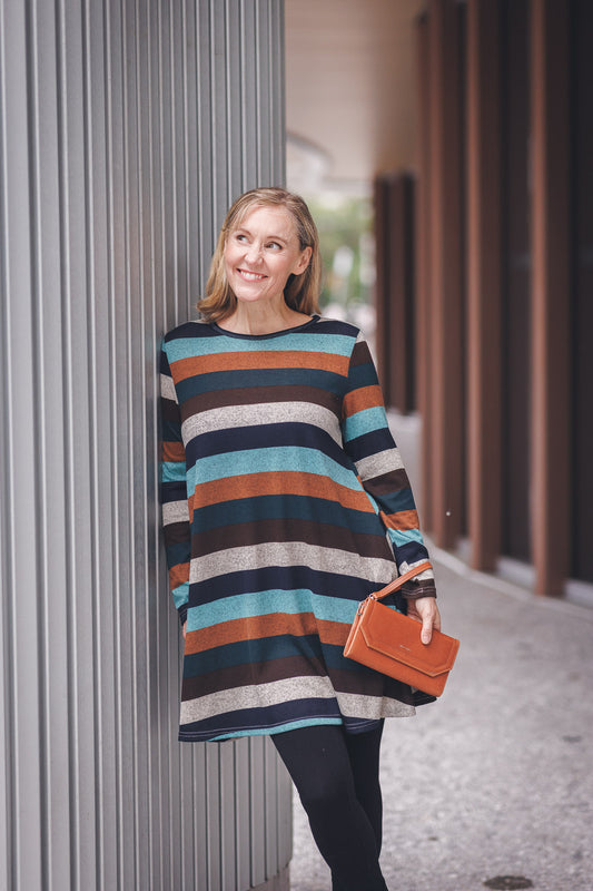 SD17422 BROWN Striped A-Line Sweater Dress with Pockets