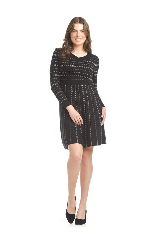 SD17427 BLACK V Neck Rib Design Fit and Flare Sweater Dress