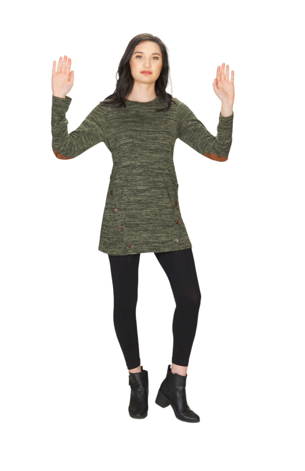ST02350 GREEN Heathered Tunic  w Button Detail and Elbow Patch