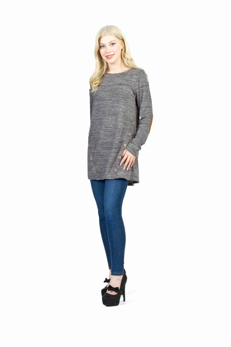 ST02350 GREY Heathered Tunic  w Button Detail and Elbow Patch