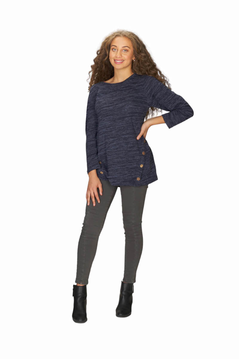 ST02350 NAVY Heathered Tunic  w Button Detail and Elbow Patch