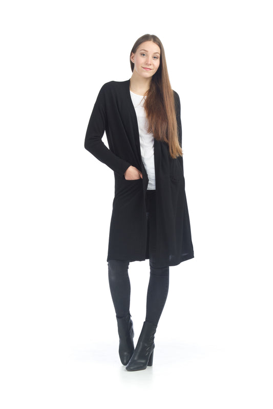 ST04334 BLACK Long Cardigan with Side Slit