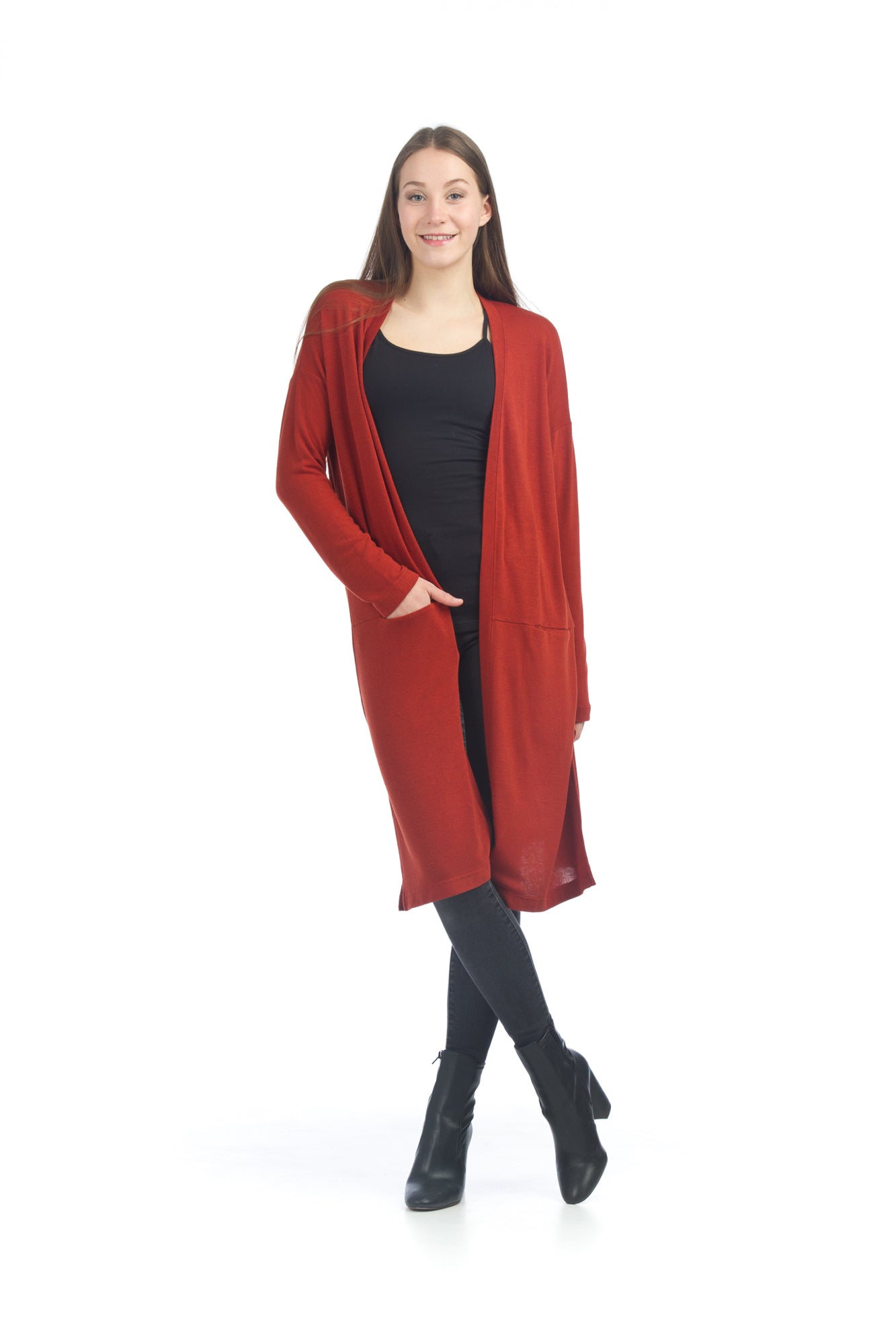 ST04334 RUST Long Cardigan with Side Slit