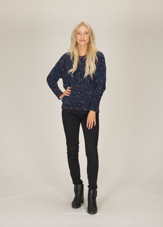 ST04365 NAVY Chenille Knit Sweater w Multicolored Flecks