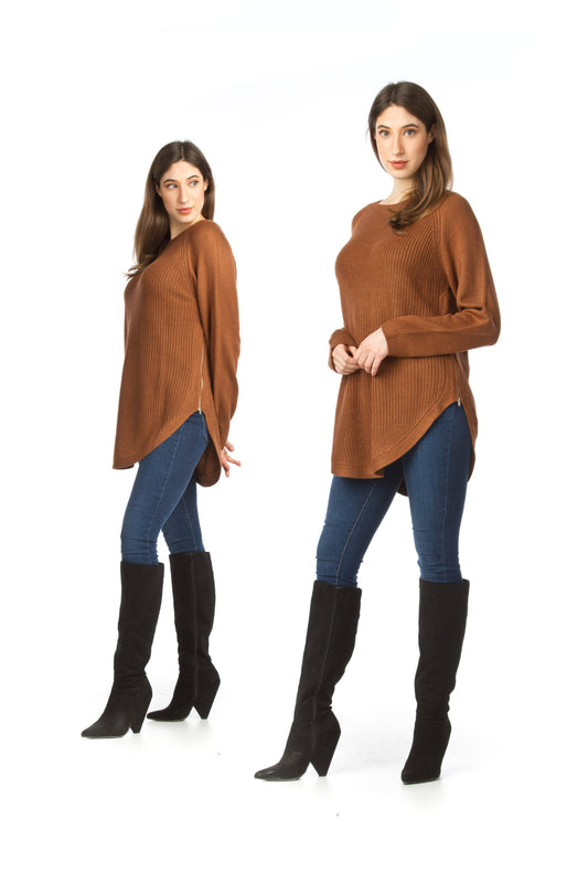 ST04384 BROWN Long sleeve Sweater with Zip side