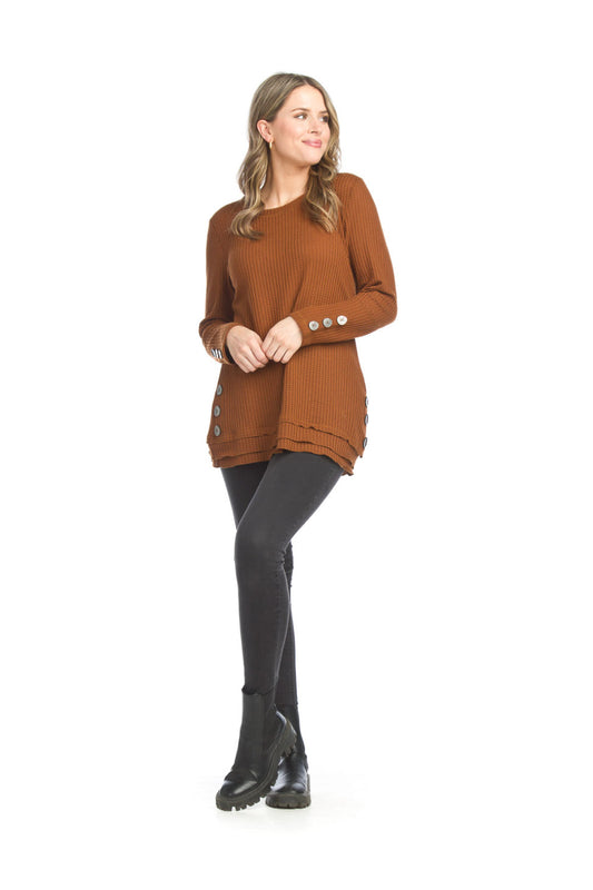 ST06243 RUST Waffle Top with Button Detail