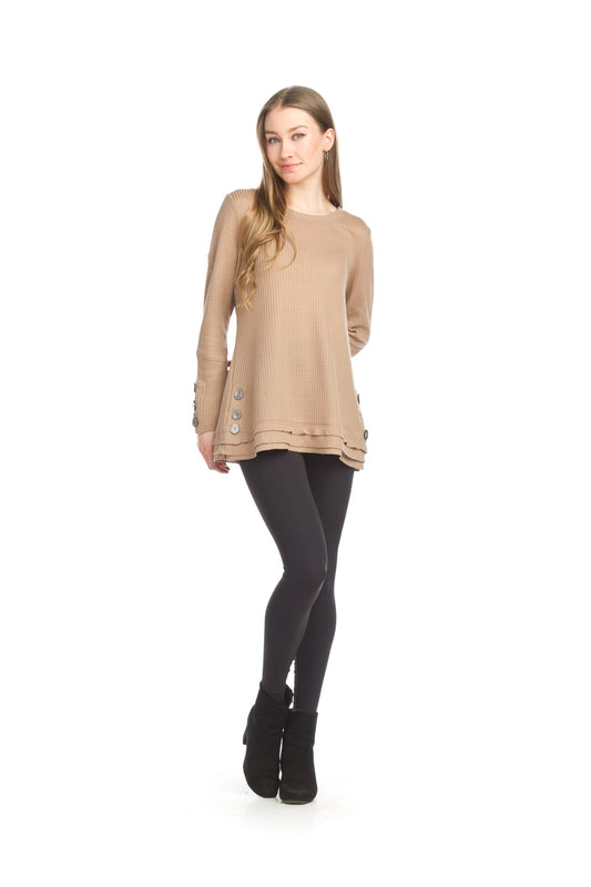 ST06243 TAUPE Waffle Top with Button Detail