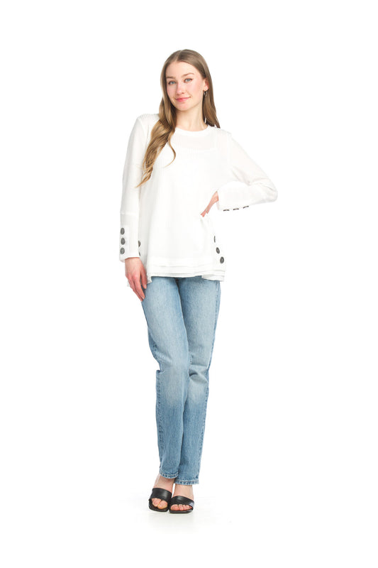 ST06243 WHITE Waffle Top with Button Detail