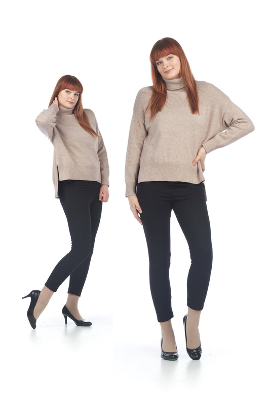 ST06250 SAND Step Hem Cowl Neck Sweater with Rib Top