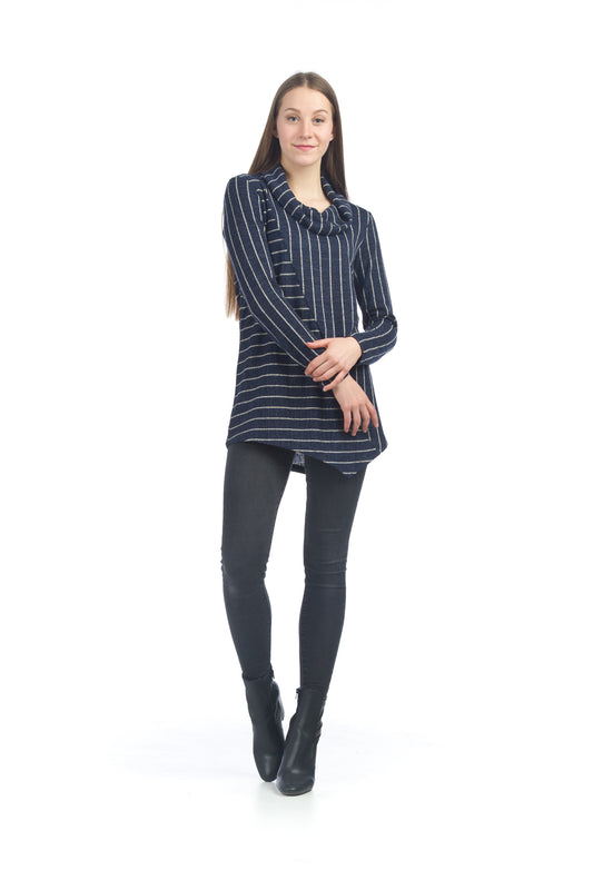 ST06254 NAVY Striped Angle Sweater Top with Cowl Neck