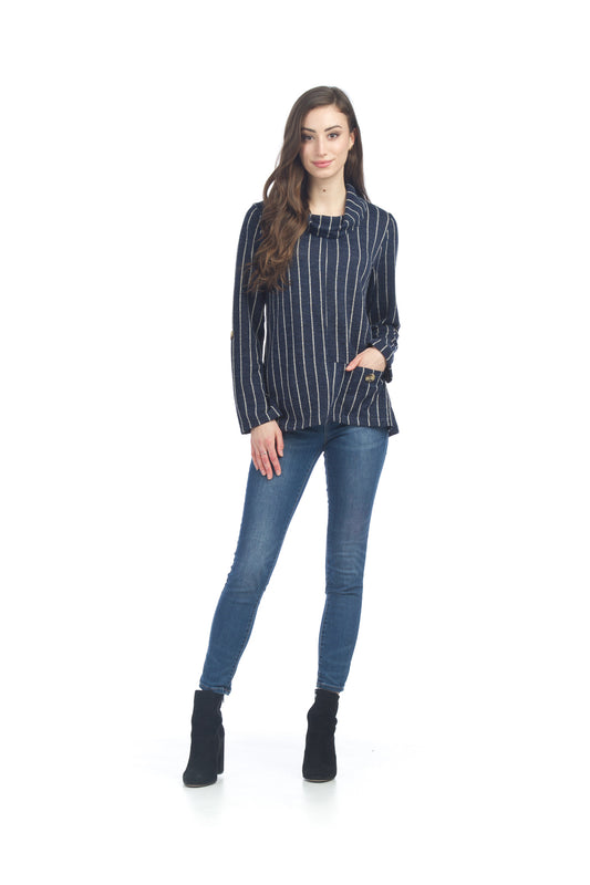 ST06255 NAVY Striped Cowl Neck Sweater Top with Pocket
