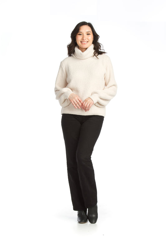 ST06295 CREAM Chenille Cowl Neck Sweater  Bishop Sleeves