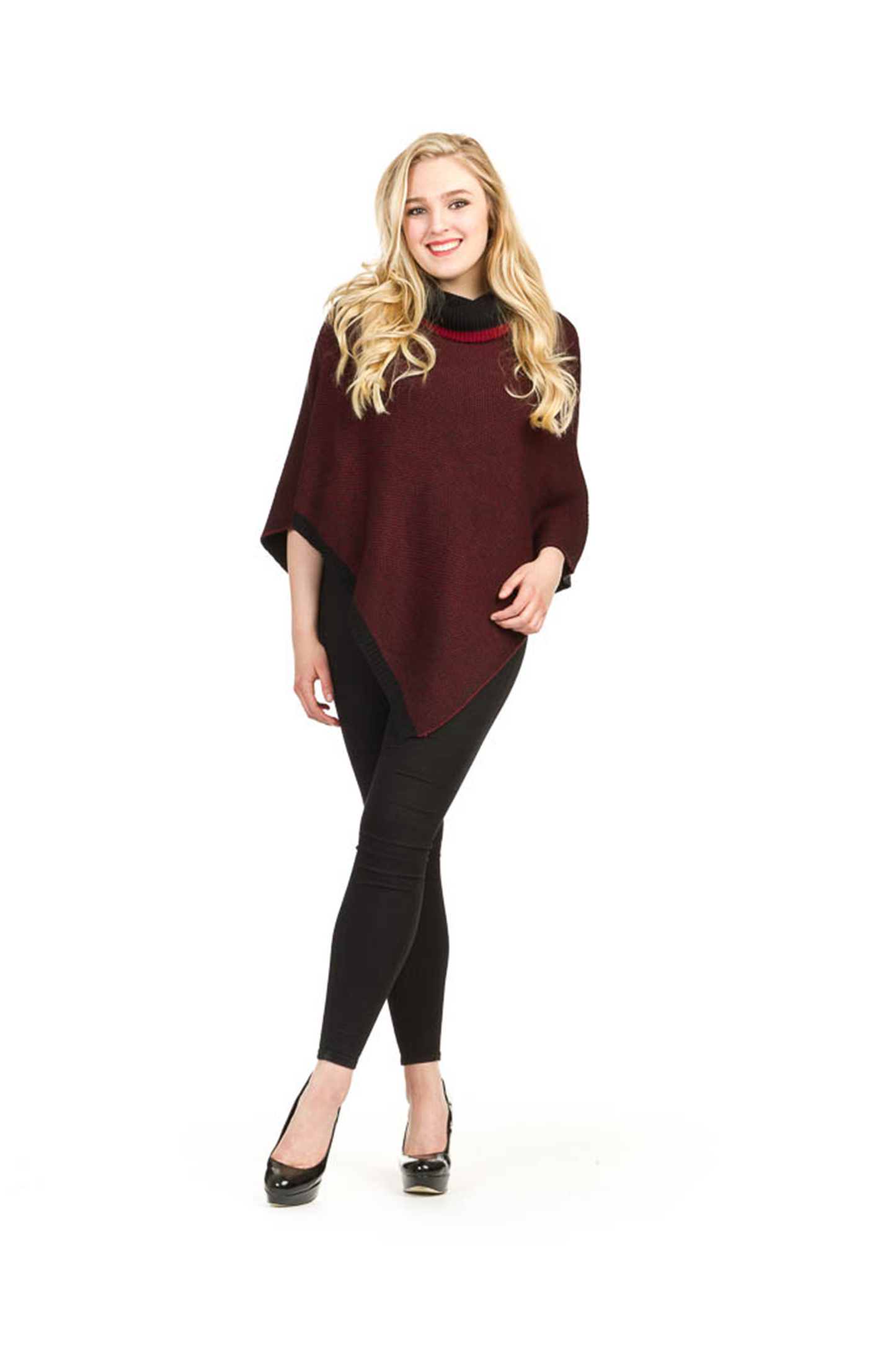 ST09311 RED Cowl Neck Poncho