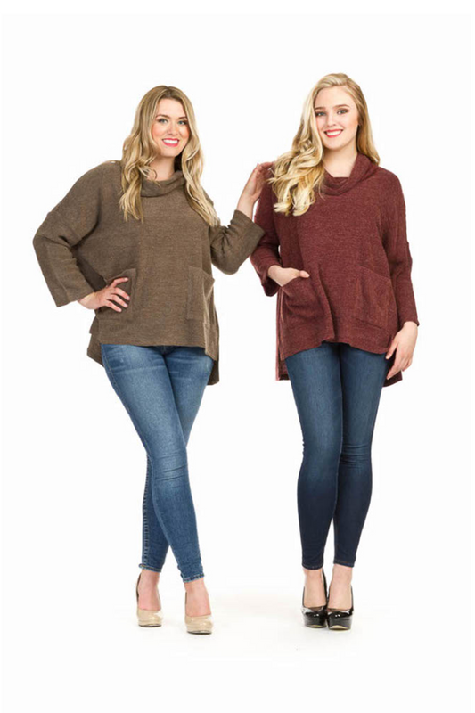 ST09335 BURGN Cowl Neck Step Hem Pullover with Pockets