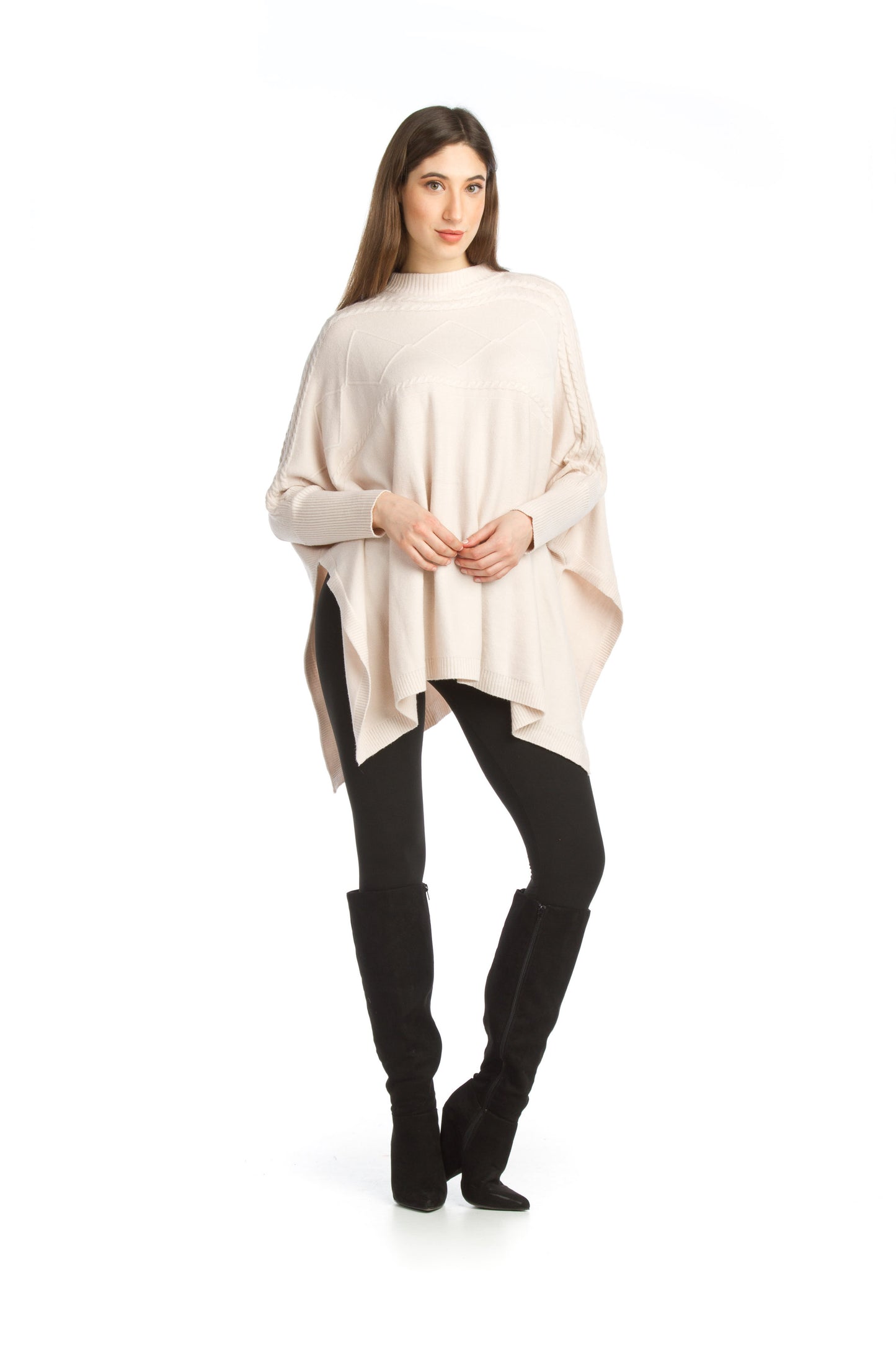 ST11202 BLUSH Soft Stretchy Poncho Sweater w Cable Knit Design